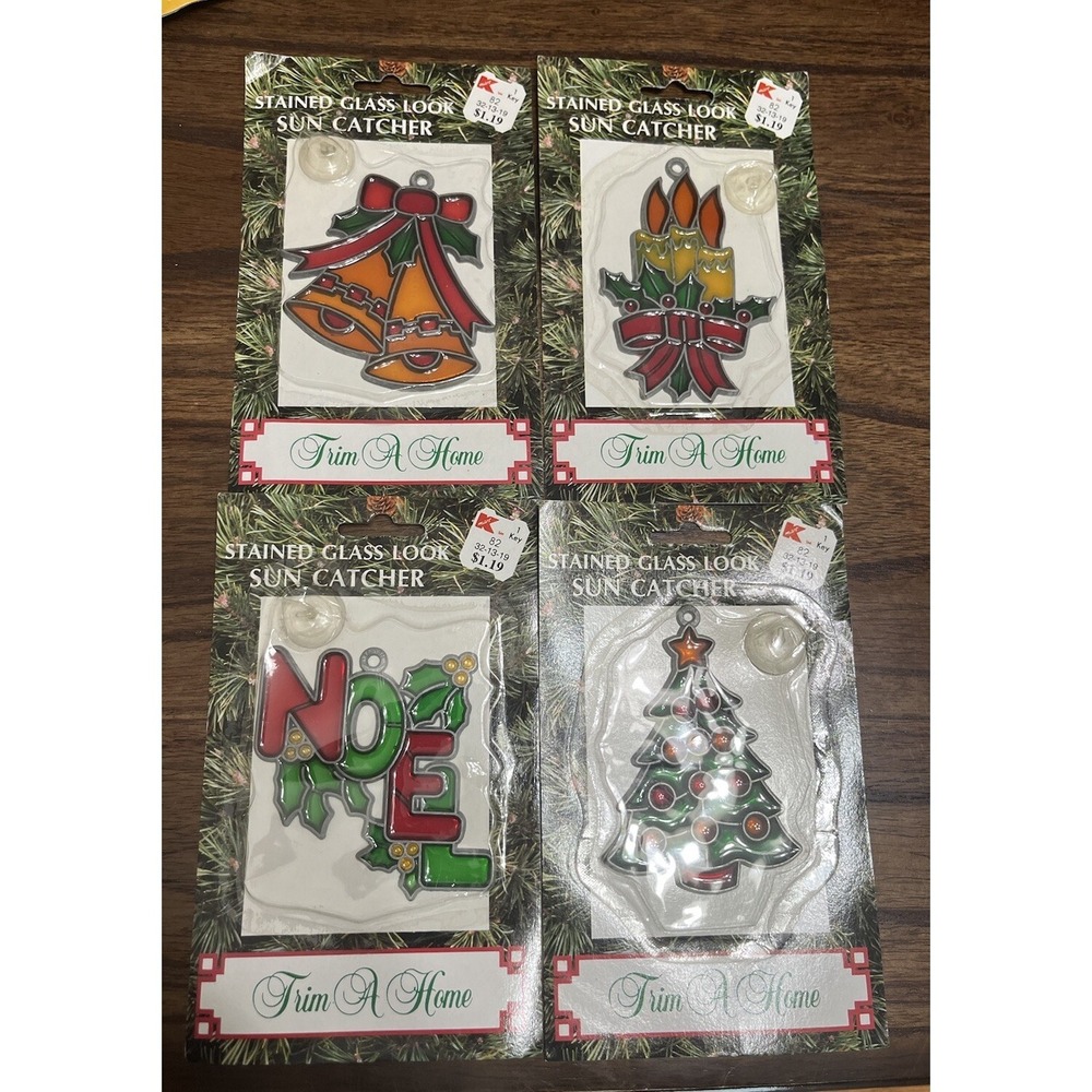 Vtg Trim A Home Christmas Sun Catchers Lot Of 4 Noel, Tree,‎ Stained Glass Look